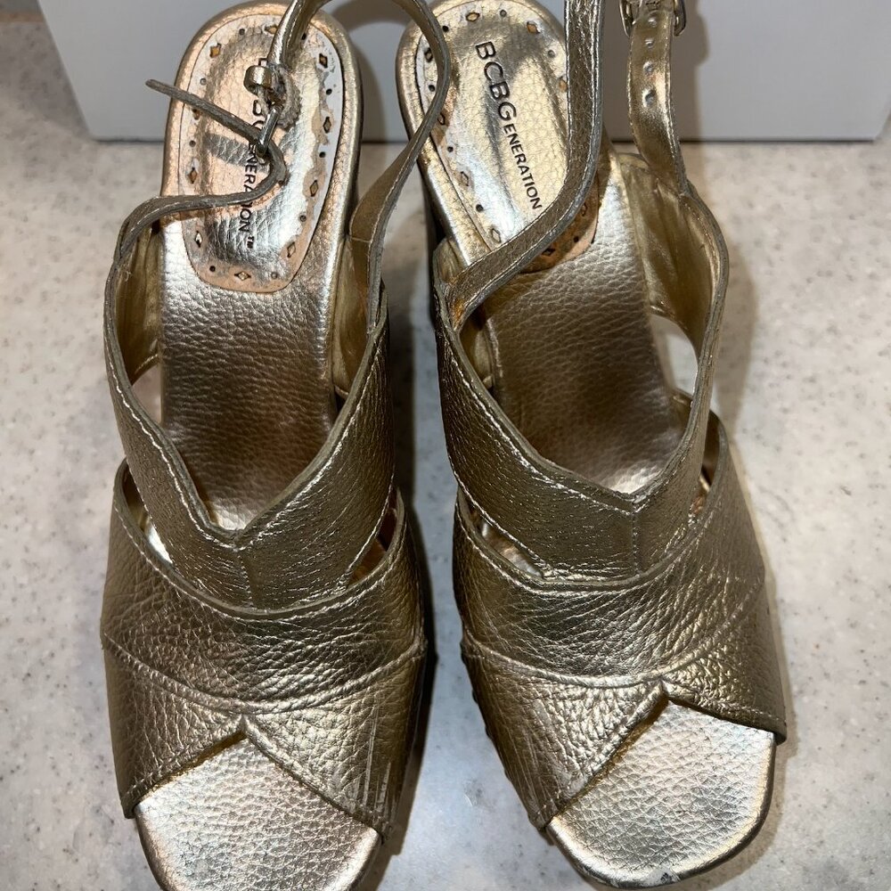 BCBG Brown and Gold Boho Block Heels